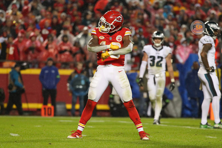 KANSAS CITY, MO - NOVEMBER 20: Kansas City Chiefs running back Isiah Pacheco (10) celebrates a first down run in the fourth quarter of an NFL football game between the Philadelphia Eagles and Kansas City Chiefs on Nov 20, 2023 at GEHA Field at Arrowhead Stadium in Kansas City, MO. (Photo by Scott Winters/Icon Sportswire)