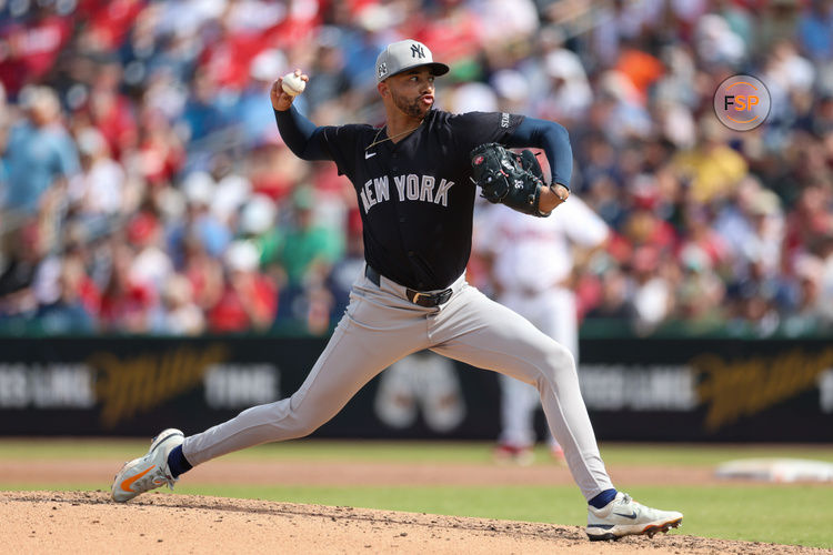 Mar 4, 2025; Clearwater, Florida, USA; New York Yankees pitcher Devin Williams (38) throws a pitch against the Philadelphia Phillies in the fourth inning during spring training at BayCare Ballpark. Credit: Nathan Ray Seebeck-Imagn Images