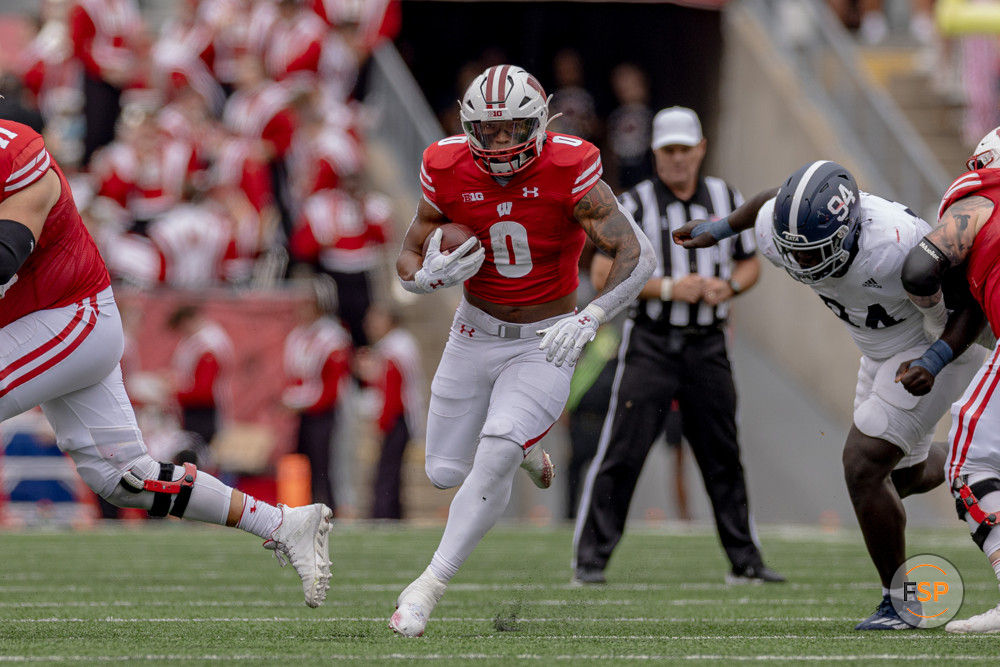 MADISON, WI - SEPTEMBER 16: Wisconsin Badgers running back Braelon Allen (0) breaks off a big run durning a college football game between the Georgia Southern Eagles and the Wisconsin Badgers on September 16th, 2023 at Barry Alvarez field at Camp Randall Stadium in Madison, WI. (Photo by Dan Sanger/Icon Sportswire)