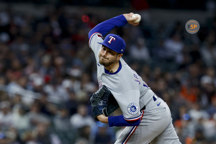 May 10, 2025; Detroit, Michigan, USA;  Texas Rangers relief pitcher Luke Jackson (77) pitches in the ninth inning against the Detroit Tigers at Comerica Park. Credit: Rick Osentoski-Imagn Images