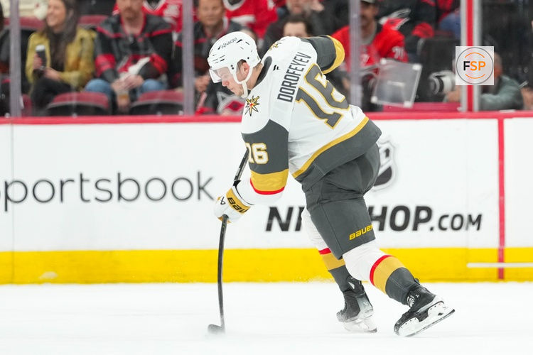 Oct 28, 2025; Raleigh, North Carolina, USA;  Vegas Golden Knights right wing Pavel Dorofeyev (16) scores a goal on his shot against the Carolina Hurricanes during the first period at Lenovo Center. Credit: James Guillory-Imagn Images