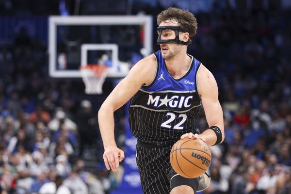 Dec 3, 2025; Orlando, Florida, USA; Orlando Magic forward Franz Wagner (22) controls the ball against the San Antonio Spurs in the third quarter at Kia Center. Mandatory Credit: Nathan Ray Seebeck-Imagn Images