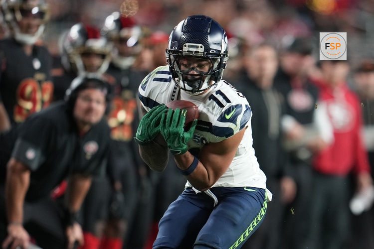Jan 3, 2026; Santa Clara, California, USA; Seattle Seahawks wide receiver Jaxon Smith-Njigba (11) makes a catch against the San Francisco 49ers during the second half at Levi's Stadium. Credit: Neville E. Guard-Imagn Images