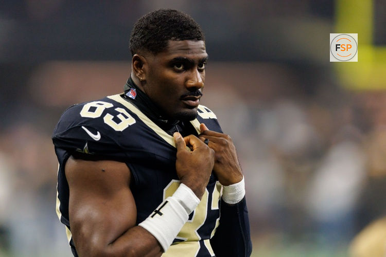 Oct 11, 2026; New Orleans, Louisiana, USA;  New Orleans Saints tight end Juwan Johnson (83) looks on against Minnesota Vikings during the first half at Caesars Superdome.  Credit: Stephen Lew-Imagn Images
