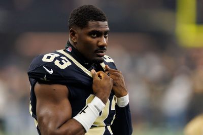 Oct 11, 2026; New Orleans, Louisiana, USA;  New Orleans Saints tight end Juwan Johnson (83) looks on against Minnesota Vikings during the first half at Caesars Superdome.  Mandatory Credit: Stephen Lew-Imagn Images