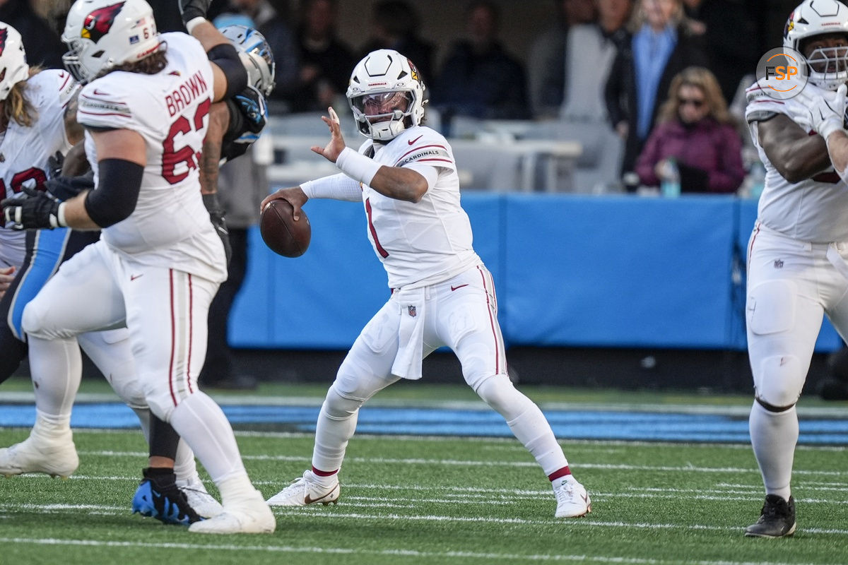 Dec 22, 2024; Charlotte, North Carolina, USA; Arizona Cardinals quarterback Kyler Murray (1) throws against the Carolina Panthers  during the second half at Bank of America Stadium. Credit: Jim Dedmon-Imagn Images