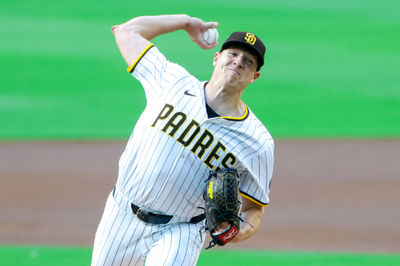 Jun 9, 2025; San Diego, California, USA; San Diego Padres starting pitcher Nick Pivetta (27) throws a pitch during the first inning against the Los Angeles Dodgers at Petco Park. Mandatory Credit: David Frerker-Imagn Images