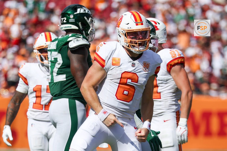 Sep 21, 2025; Tampa, Florida, USA; Tampa Bay Buccaneers quarterback Baker Mayfield (6) reacts after a ply against the New York Jets in the fourth quarter at Raymond James Stadium. Credit: Nathan Ray Seebeck-Imagn Images