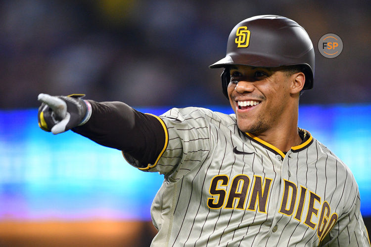 LOS ANGELES, CA - SEPTEMBER 13: San Diego Padres left fielder Juan Soto (22) celebrates after hitting a first inning home run during the MLB game between the San Diego Padres and the Los Angeles Dodgers on September 13, 2023 at Dodger Stadium in Los Angeles, CA. (Photo by Brian Rothmuller/Icon Sportswire)