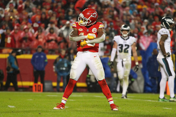 KANSAS CITY, MO - NOVEMBER 20: Kansas City Chiefs running back Isiah Pacheco (10) celebrates a first down run in the fourth quarter of an NFL football game between the Philadelphia Eagles and Kansas City Chiefs on Nov 20, 2023 at GEHA Field at Arrowhead Stadium in Kansas City, MO. (Photo by Scott Winters/Icon Sportswire)