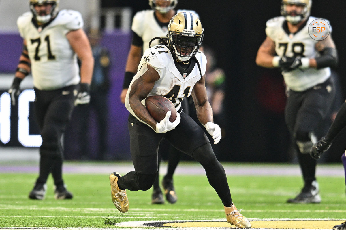 Nov 12, 2023; Minneapolis, Minnesota, USA; New Orleans Saints running back Alvin Kamara (41) in action against the Minnesota Vikings at U.S. Bank Stadium. Credit: Jeffrey Becker-USA TODAY Sports