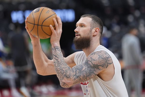 Dec 29, 2025; Toronto, Ontario, CAN; Toronto Raptors forward Sandro Mamukelashvili (54) goes to shoot a basket   during warm-up before a game against the Orlando Magic at Scotiabank Arena. Mandatory Credit: John E. Sokolowski-Imagn Images