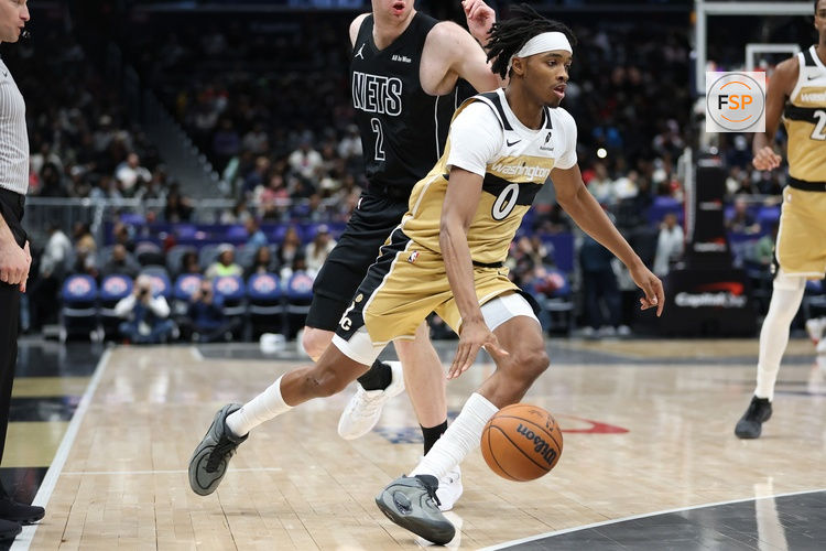 Jan 2, 2026; Washington, District of Columbia, USA; Washington Wizards guard Bilal Coulibaly (0) drives to the basket during the second half against the Brooklyn Nets at Capital One Arena. Credit: Daniel Kucin Jr.-Imagn Images