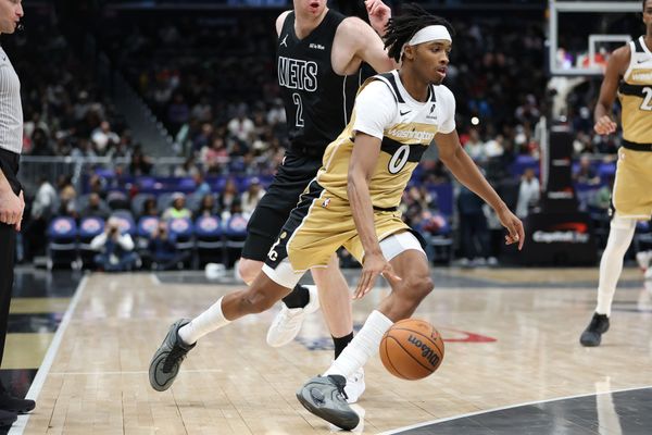 Jan 2, 2026; Washington, District of Columbia, USA; Washington Wizards guard Bilal Coulibaly (0) drives to the basket during the second half against the Brooklyn Nets at Capital One Arena. Mandatory Credit: Daniel Kucin Jr.-Imagn Images