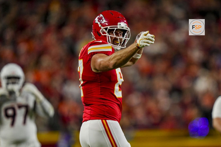 Dec 25, 2025; Kansas City, Missouri, USA; Kansas City Chiefs tight end Travis Kelce (87) celebrates after first down during the second quarter at GEHA Field at Arrowhead Stadium. Credit: Jay Biggerstaff-Imagn Images