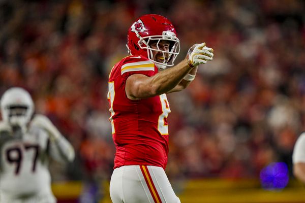 Dec 25, 2025; Kansas City, Missouri, USA; Kansas City Chiefs tight end Travis Kelce (87) celebrates after first down during the second quarter at GEHA Field at Arrowhead Stadium. Mandatory Credit: Jay Biggerstaff-Imagn Images