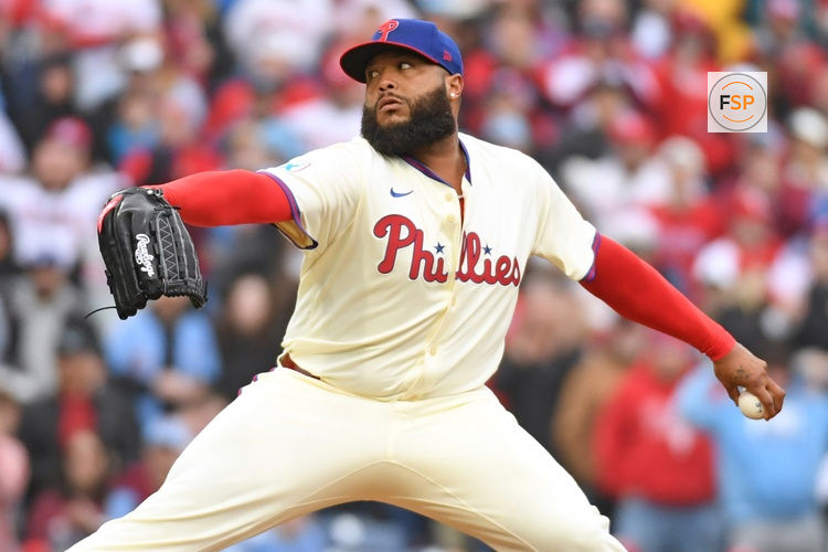 Apr 6, 2025; Philadelphia, Pennsylvania, USA; Philadelphia Phillies pitcher José Alvarado (46) throws a pitch during the ninth inning against the Los Angeles Dodgers at Citizens Bank Park. Credit: Eric Hartline-Imagn Images
