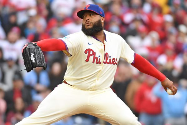 Apr 6, 2025; Philadelphia, Pennsylvania, USA; Philadelphia Phillies pitcher José Alvarado (46) throws a pitch during the ninth inning against the Los Angeles Dodgers at Citizens Bank Park. Mandatory Credit: Eric Hartline-Imagn Images
