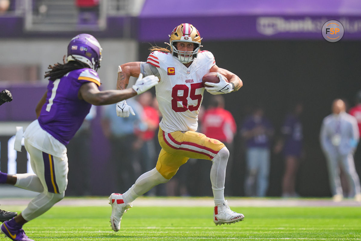 Sep 15, 2024; Minneapolis, Minnesota, USA; San Francisco 49ers tight end George Kittle (85) runs after the catch against the Minnesota Vikings in the second quarter at U.S. Bank Stadium. Credit: Brad Rempel-Imagn Images