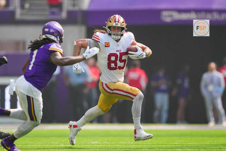 Sep 15, 2024; Minneapolis, Minnesota, USA; San Francisco 49ers tight end George Kittle (85) runs after the catch against the Minnesota Vikings in the second quarter at U.S. Bank Stadium. Credit: Brad Rempel-Imagn Images