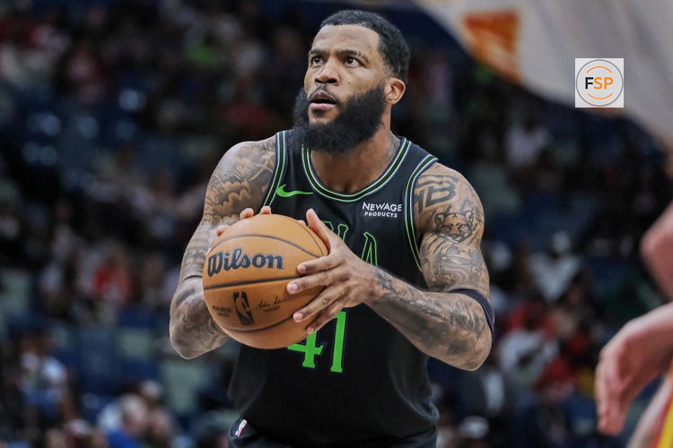 Nov 22, 2025; New Orleans, Louisiana, USA;  New Orleans Pelicans guard/forward Saddiq Bey (41) shoots a free throw against the Atlanta Hawks during the second half of the game at the Smoothie King Center. Credit: Daniel Anderson-Imagn Images
