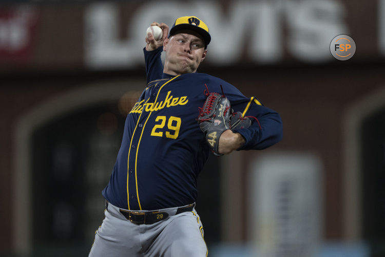 Sep 10, 2024; San Francisco, California, USA;  Milwaukee Brewers pitcher Trevor Megill (29) pitches during the eighth inning against the San Francisco Giants at Oracle Park. Credit: Stan Szeto-Imagn Images