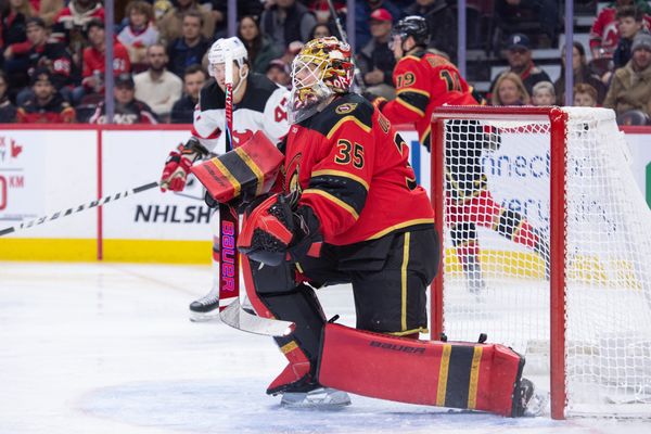 Dec 9, 2025; Ottawa, Ontario, CAN; Ottawa Senators goalie Linus Ullmark (35) makes a save on a shot from New Jersey Devils left wing Paul Coter (47) in the second period at the Canadian Tire Centre. Mandatory Credit: Marc DesRosiers-IMAGN Images