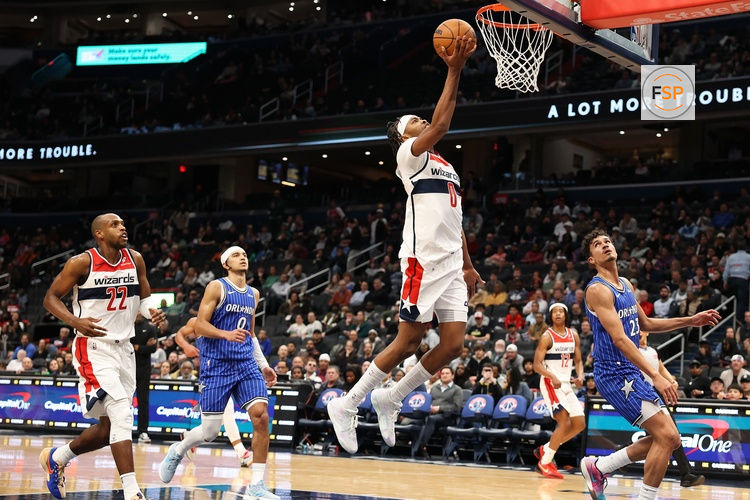 Jan 6, 2026; Washington, District of Columbia, USA; Washington Wizards guard Bilal Coulibaly (0) takes a shot during the second half against the Orlando Magic at Capital One Arena. Credit: Daniel Kucin Jr.-Imagn Images