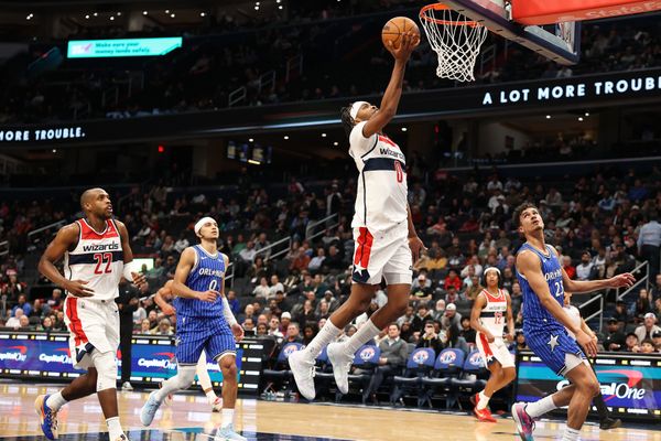 Jan 6, 2026; Washington, District of Columbia, USA; Washington Wizards guard Bilal Coulibaly (0) takes a shot during the second half against the Orlando Magic at Capital One Arena. Mandatory Credit: Daniel Kucin Jr.-Imagn Images