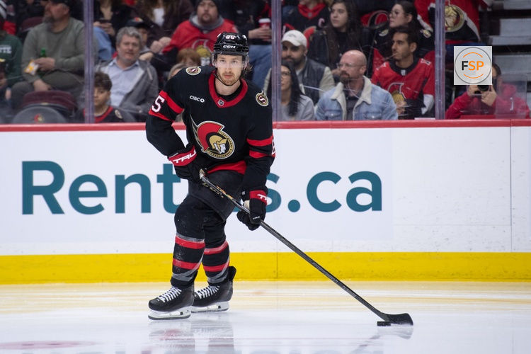 Apr 4, 2026; Ottawa, Ontario, CAN; Ottawa Senators defenseman Jake Sanderson (85) skates with the puck in the second period against the Minnesota Wild at the Canadian Tire Centre. Credit: Marc DesRosiers-IMAGN Images