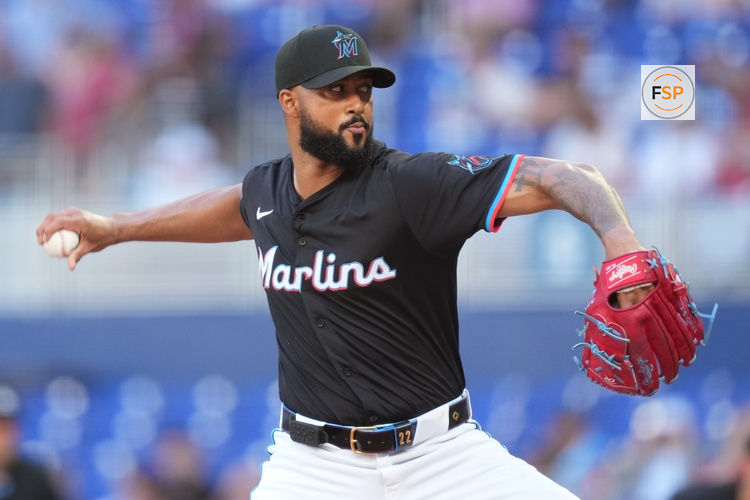 Apr 12, 2025; Miami, Florida, USA;  Miami Marlins pitcher Sandy Alcantara (22) pitches in the first inning against the Washington Nationals at loanDepot Park. Credit: Jim Rassol-Imagn Images