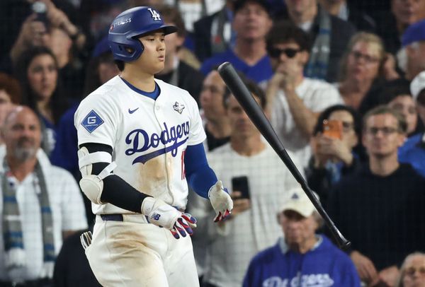 Oct 27, 2025; Los Angeles, California, USA; Los Angeles Dodgers designated hitter Shohei Ohtani (17) is intentionally walked during the eleventh inning against the Toronto Blue Jays in game three of the 2025 MLB World Series at Dodger Stadium. Mandatory Credit: Kiyoshi Mio-Imagn Images