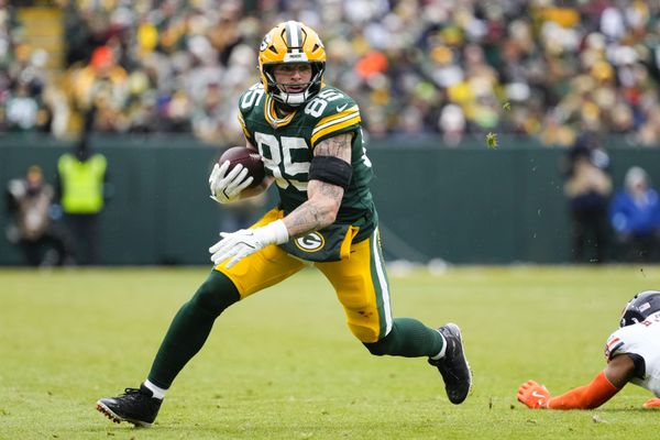 Jan 5, 2025; Green Bay, Wisconsin, USA;  Green Bay Packers tight end Tucker Kraft (85) during the game against the Chicago Bears at Lambeau Field. Mandatory Credit: Jeff Hanisch-Imagn Images