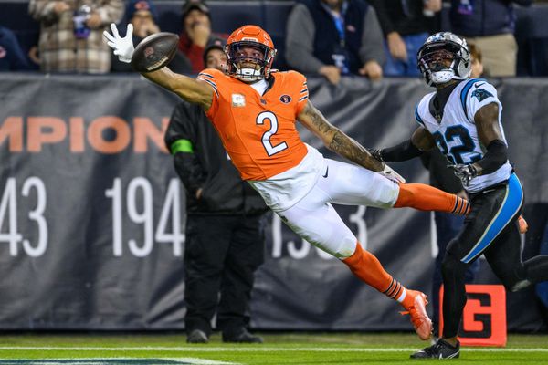 Nov 9, 2023; Chicago, Illinois, USA; Chicago Bears wide receiver D.J. Moore (2) cannot make a diving catch against the Carolina Panthers during the first quarter at Soldier Field. Mandatory Credit: Daniel Bartel-USA TODAY Sports