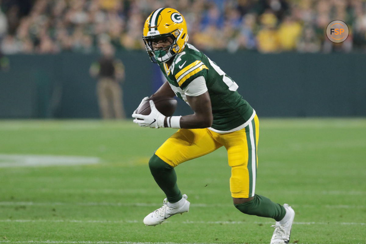 GREEN BAY, WI - SEPTEMBER 28:  Green Bay Packers wide receiver Romeo Doubs (87) makes a catch during a game between the Green Bay Packers and the Detroit Lions on September 28, 2023 at Lambeau Field in Green Bay, WI. (Photo by Larry Radloff/Icon Sportswire)