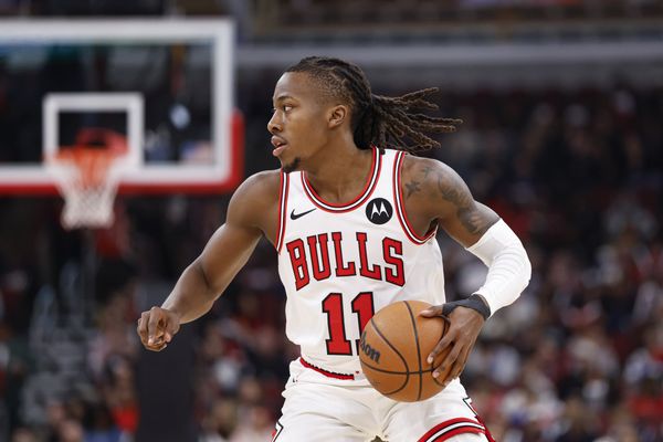 Jan 10, 2026; Chicago, Illinois, USA; Chicago Bulls guard Ayo Dosunmu (11) brings the ball up court against the Dallas Mavericks during the first half at United Center. Mandatory Credit: Kamil Krzaczynski-Imagn Images