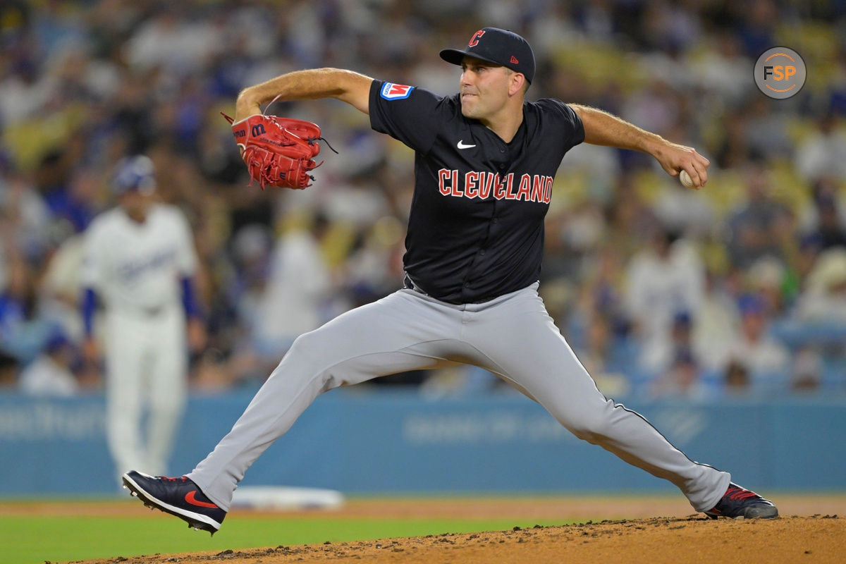 Sep 6, 2024; Los Angeles, California, USA;  Cleveland Guardians starting pitcher Matthew Boyd (16) delivers to the plate in the second inning against the Los Angeles Dodgers at Dodger Stadium. Credit: Jayne Kamin-Oncea-Imagn Images