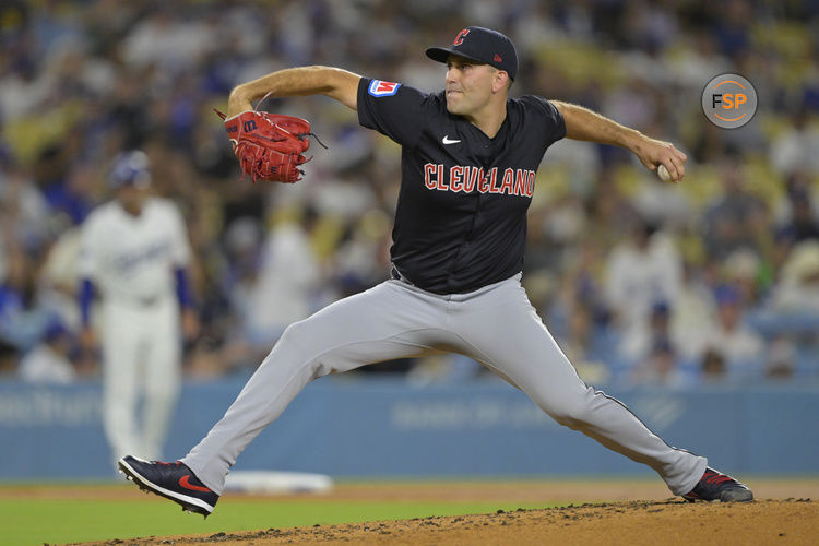 Sep 6, 2024; Los Angeles, California, USA;  Cleveland Guardians starting pitcher Matthew Boyd (16) delivers to the plate in the second inning against the Los Angeles Dodgers at Dodger Stadium. Credit: Jayne Kamin-Oncea-Imagn Images