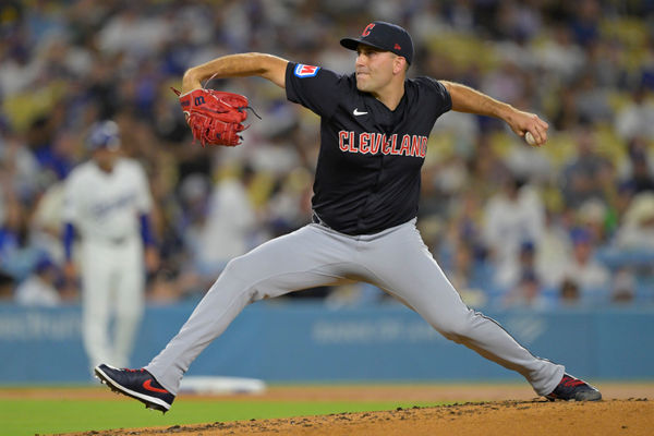 Sep 6, 2024; Los Angeles, California, USA;  Cleveland Guardians starting pitcher Matthew Boyd (16) delivers to the plate in the second inning against the Los Angeles Dodgers at Dodger Stadium. Mandatory Credit: Jayne Kamin-Oncea-Imagn Images