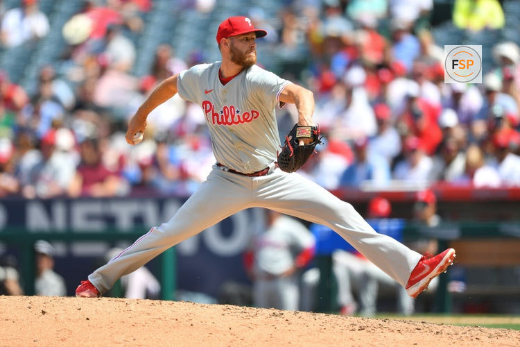 ANAHEIM, CA - MAY 01: Philadelphia Phillies pitcher Zack Wheeler (45) throws a pitch during the MLB game between the Philadelphia Phillies and the Los Angeles Angels of Anaheim on May 1, 2024 at Angel Stadium of Anaheim in Anaheim, CA. (Photo by Brian Rothmuller/Icon Sportswire)