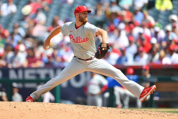 ANAHEIM, CA - MAY 01: Philadelphia Phillies pitcher Zack Wheeler (45) throws a pitch during the MLB game between the Philadelphia Phillies and the Los Angeles Angels of Anaheim on May 1, 2024 at Angel Stadium of Anaheim in Anaheim, CA. (Photo by Brian Rothmuller/Icon Sportswire)