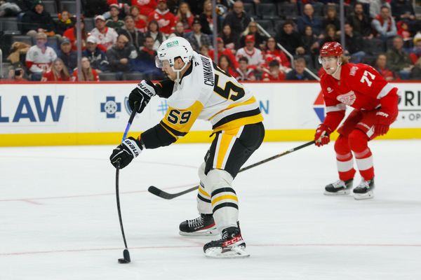 Jan 3, 2026; Detroit, Michigan, USA; Pittsburgh Penguins right wing Yegor Chinakhov (59) scores a goal in the first period against the Detroit Red Wings at Little Caesars Arena. Mandatory Credit: Brian Bradshaw Sevald-Imagn Images