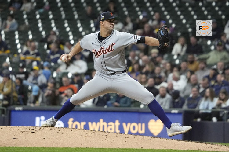 Apr 15, 2025; Milwaukee, Wisconsin, USA; Detroit Tigers pitcher Jack Flaherty (9) delivers a pitch against the Milwaukee Brewers in the fifth inning at American Family Field. Credit: Michael McLoone-Imagn Images
