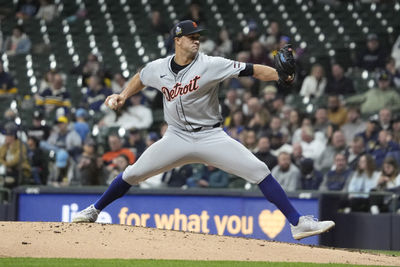 Apr 15, 2025; Milwaukee, Wisconsin, USA; Detroit Tigers pitcher Jack Flaherty (9) delivers a pitch against the Milwaukee Brewers in the fifth inning at American Family Field. Mandatory Credit: Michael McLoone-Imagn Images