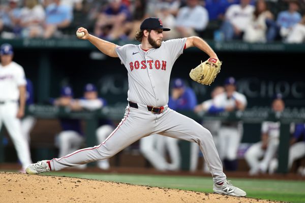 Mar 27, 2025; Arlington, Texas, USA; Boston Red Sox pitcher Justin Slaten (63) throws a pitch during the ninth inning against the Texas Rangers at Globe Life Field. Mandatory Credit: Tim Heitman-Imagn Images