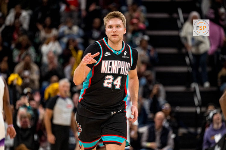 Dec 12, 2025; Memphis, Tennessee, USA; Memphis Grizzlies guard Cam Spencer (24) gestures after making a three-pointer in the second half at FedExForum. Credit: Matthew Smith-Imagn Images
