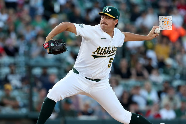 May 23, 2025; West Sacramento, California, USA; Athletics starting pitcher Jacob Lopez (57) throws a pitch against the Philadelphia Phillies during the first inning at Sutter Health Park. Credit: Dennis Lee-Imagn Images