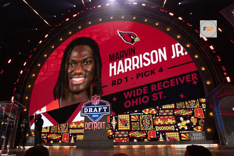 DETROIT, MI - APRIL 25: The Arizona Cardinals select Ohio State Wide Receiver Marvin Harrison Jr. fourth overall during day 1 of the NFL Draft on April 25, 2024 at Campus Martius Park and Hart Plaza in Detroit, MI. (Photo by John Smolek/Icon Sportswire)