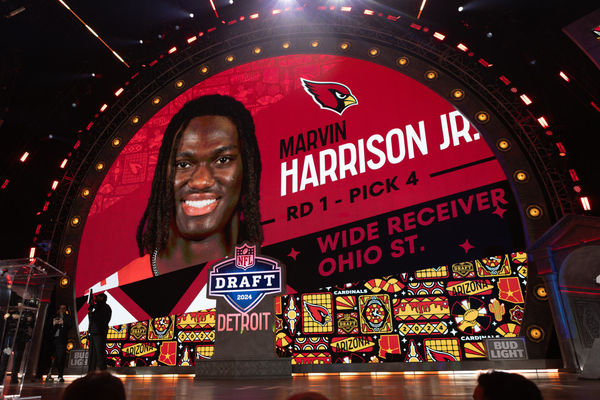 DETROIT, MI - APRIL 25: The Arizona Cardinals select Ohio State Wide Receiver Marvin Harrison Jr. fourth overall during day 1 of the NFL Draft on April 25, 2024 at Campus Martius Park and Hart Plaza in Detroit, MI. (Photo by John Smolek/Icon Sportswire)