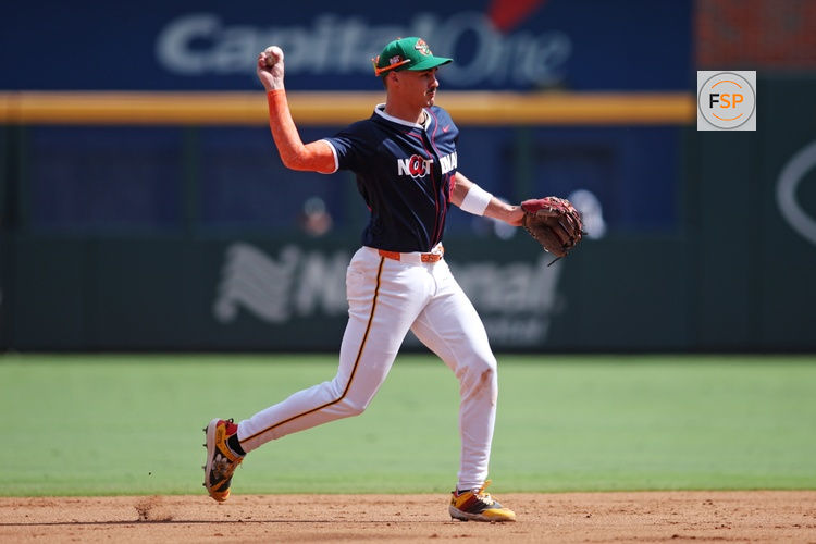 Jul 12, 2025; Atlanta, GA, USA;  National League Konnor Griffin (24) throws the ball during the second inning against American League at Truist Park. Credit: Brett Davis-Imagn Images